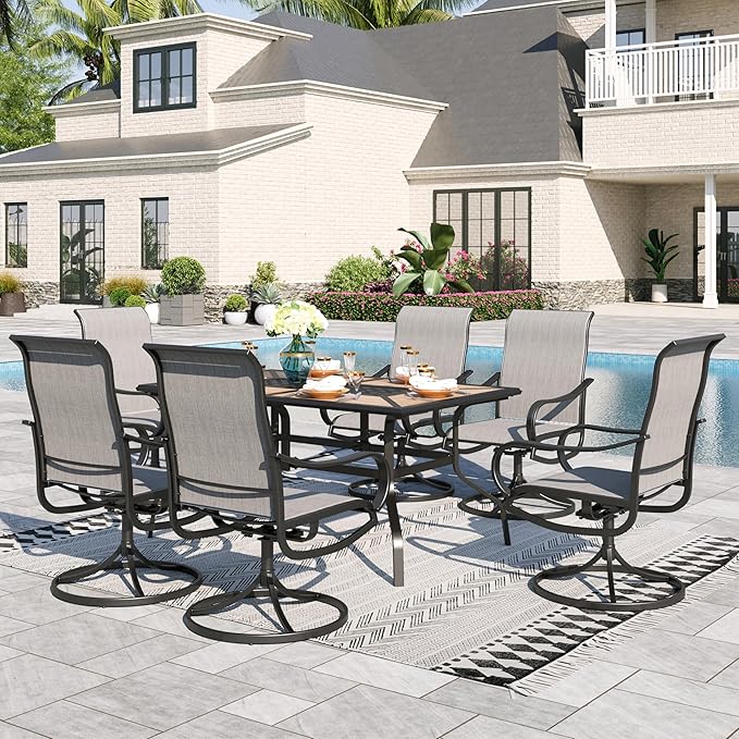 Sophia & William Patio Dining Sets Outdoor Dining Set for 6 Patio Table and Chairs Set 7 Pieces with Swivel Patio Chairs, 61"x 38" Wood Like Metal Table for Garden Pool All Weather Grey