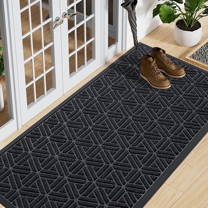 Smiry Front Door Mat Outside Entrance, Heavy Duty Sturdy Natural Rubber Doormat, Trap Dirt and Moisture, Easy Clean Low Profile Mats for Indoor Outdoor Entry, Grid Geometric (59x24, Black)