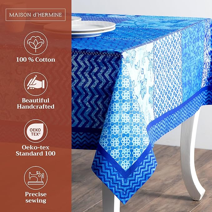 Maison d' Hermine Table Cloth Rectangle Table 100% Cotton 60 x 120 Inches Tablecloth Reusable Decorative for Dining Room, Farmhouse, Home, Party, Festive & Wedding Spring Summer - Indigo Love