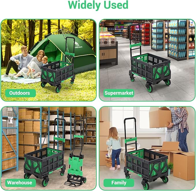 2-in-1 Folding Hand Truck with Basket, Heavy Duty 330LBS Collapsible Cart, Convertible Dolly & 4-Wheel Portable Shopping Cart for Groceries, Travel, Moving - Green