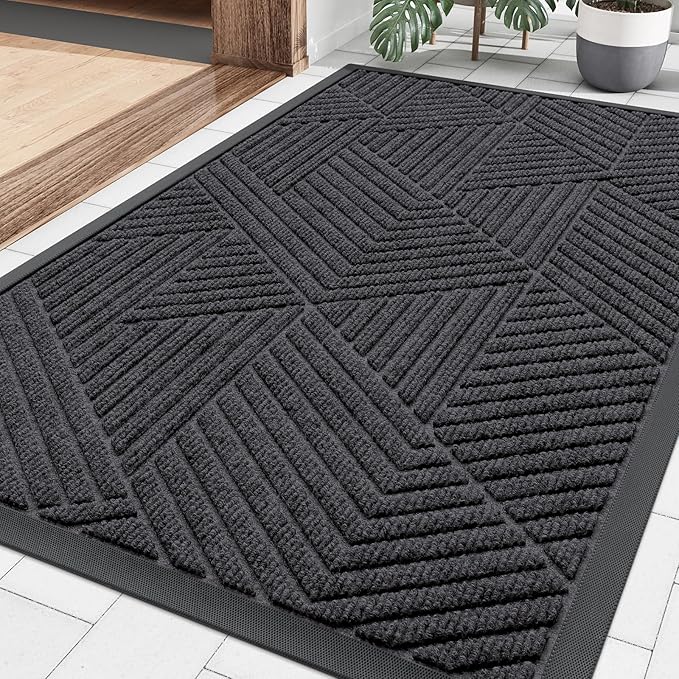 Smiry Front Door Mat Outside Entrance, Heavy Duty Sturdy Natural Rubber Doormat, Trap Dirt and Moisture, Easy Clean Low Profile Mats for Indoor Outdoor Entry, Irregular Triangle (36x24, Medium Grey)