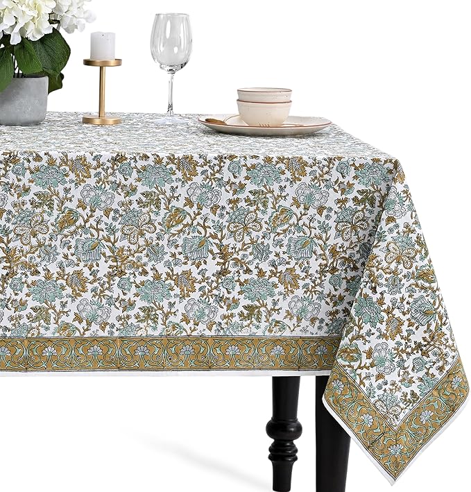 CPC Tablecloth 100% Cotton 60x90 Inch Indian Block Print Rectangle Table Cover, Washable Table Cloth for Weddings, Spring/Summer, Barbeque - Harvest Bloom