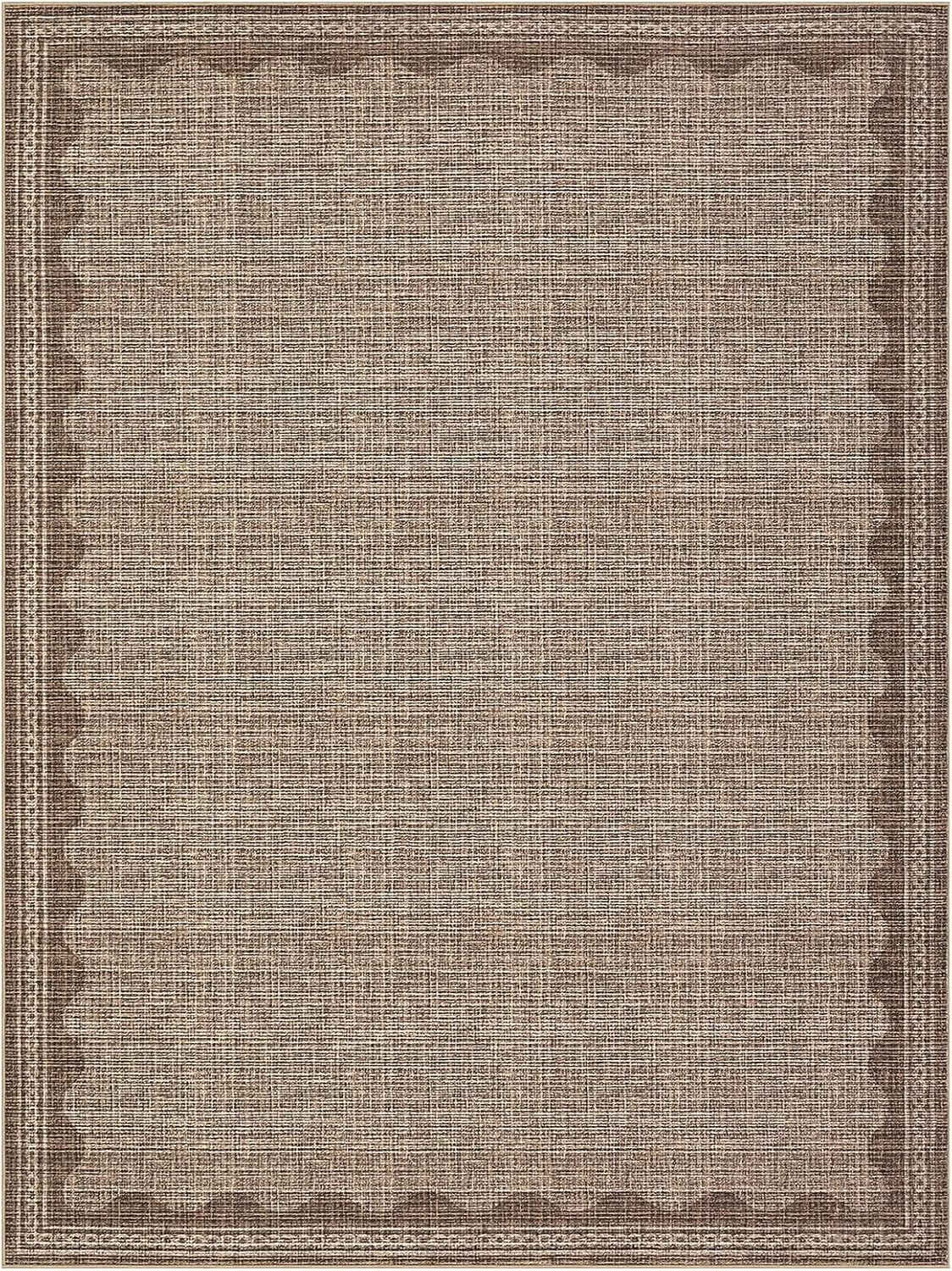 Scalloped Washable Rug 9x12 Area Rugs for Living Room, Solid Tan Rug for Bedroom Girls, Non Slip Throw Mat with Rubber Back, Soft Dorm Nursery 9x12 Carpet for Dining Room
