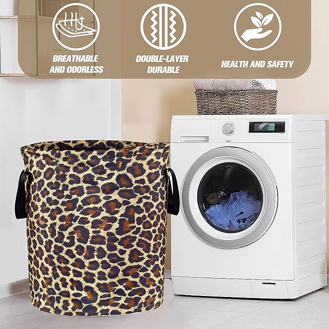 Brown Leopard Laundry Basket Foldable Oxford Cloth Funny Tote Bag Laundry Hamper Clothes Storage Bucket Organizer For Bathroom/Laundry Storage/Bedroom Storage Basket 17.7x13.7 Inch