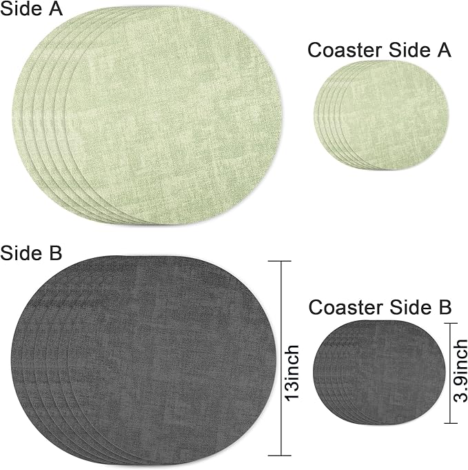 13-Inch Faux Leather Round Placemats Set of 6, Waterproof Anti-Slip Dual Sided Place mats, Heat Resistant Washable Table Mats with Coaster, Suitable for Indoor & Outdoor (6, Black Light Green)