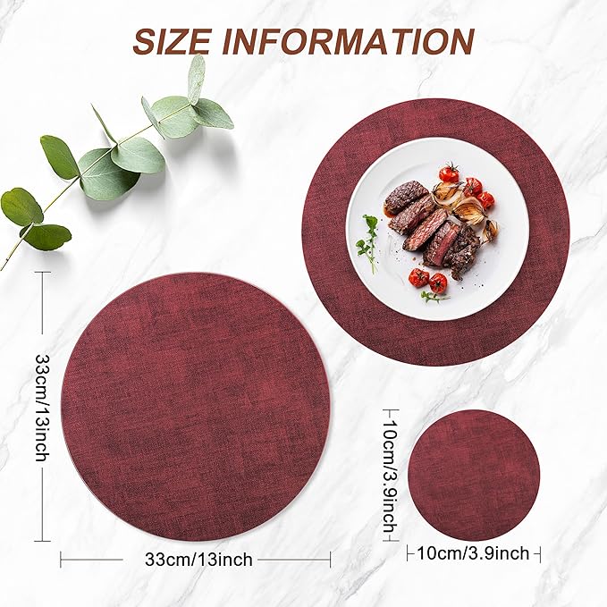 Round Faux Leather Placemats and Coasters, Set of 8, Reversible Heat Resistant Non-Slip Table Mats, Waterproof Wipeable Place Mats for Dining Table, Washable for Indoor & Outdoor (8, Red)