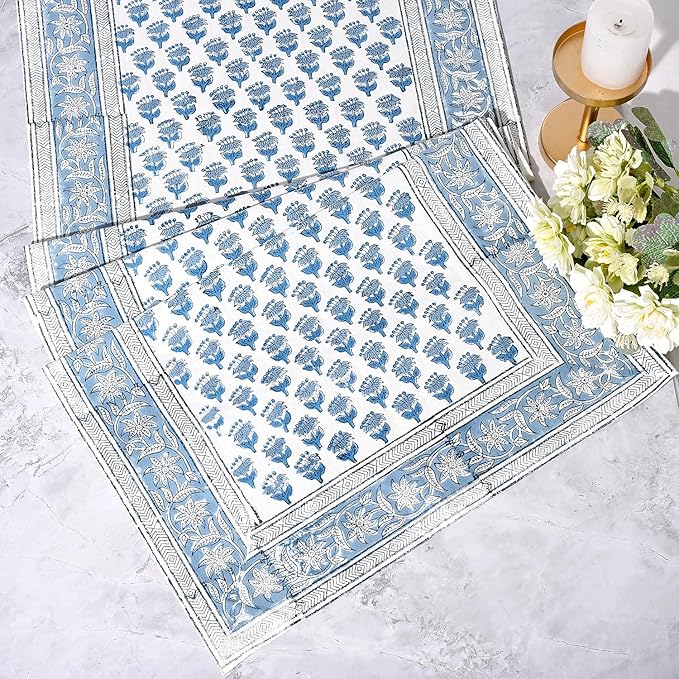 CPC Cotton Table Runner 16x108 Inch Block Printed Long Fall Table Runner for Dining Table, Card Table, Coffee Table, Wedding, Farmhouse & Outdoor Barbeque-Apatite Blue