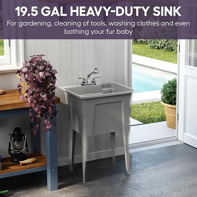 Freestanding Utility Sink with One Handle Black Faucet - 24" Plastic Utility Sink for Garage, Laundry, Indoor and Oudoor Use - Laundry Tub Kit by Noah William Home - Grey (19.5 gal)