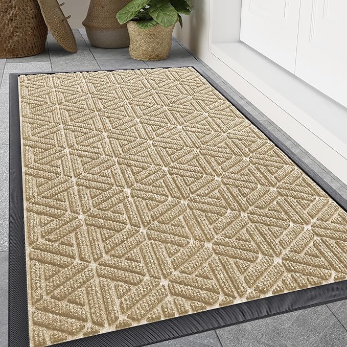 Smiry Front Door Mat Outside Entrance, Heavy Duty Sturdy Natural Rubber Doormat, Trap Dirt and Moisture, Easy Clean Low Profile Mats for Indoor Outdoor Entry, Grid Geometric (59x35, Beige)