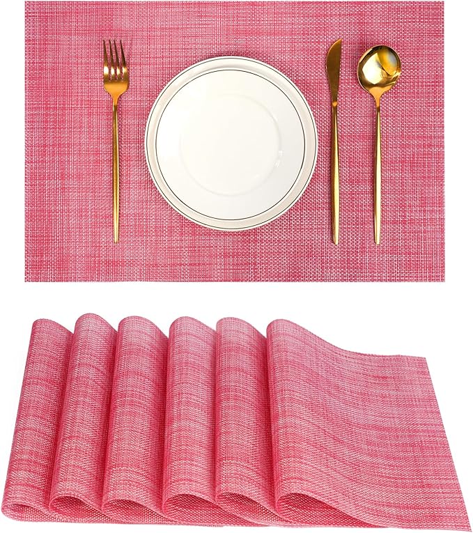 Placemats Set of 6，Christmas Decoration Non-Slip PVC Weave Table Mats Easy to Clean，Heat Resistant Place Mats for Kitchen Dining Table Decoration Indoor Outdoor，Red