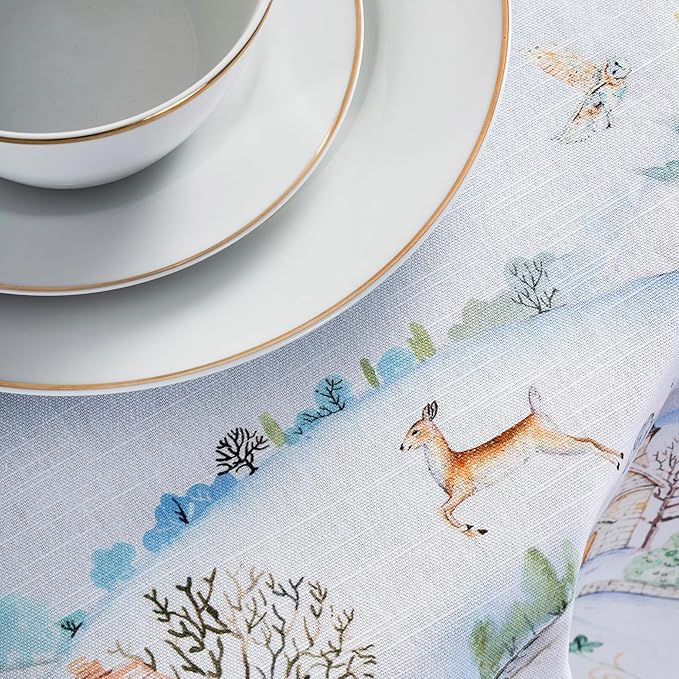Maison d' Hermine Table Cloth Round Table 100% Cotton 69 Inches Fall Tablecloth Reusable Everyday Use for Thanksgiving Christmas Decorations Dining Farmhouse Party (Snowy World)
