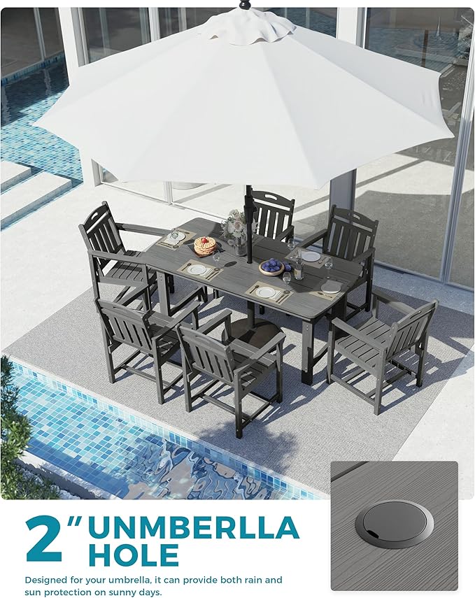 Ciokea HDPE Outdoor Dining Set, 7-Piece Patio Table and Chairs Set with Umbrella Hole, All-Weather Patio Dining Sets for 6, Durable Patio Furniture for Backyard, Garden, Lawn & Poolside, Grey