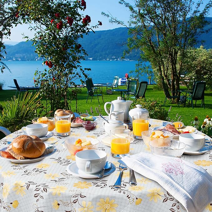 misaya Round Waterproof Vinyl Table Cloth, Wipeable Tablecloth with Flannel Backing, Plastic Table Cover for Dinner, Picnic, Indoor and Outdoor (Yellow Flowers, 60")