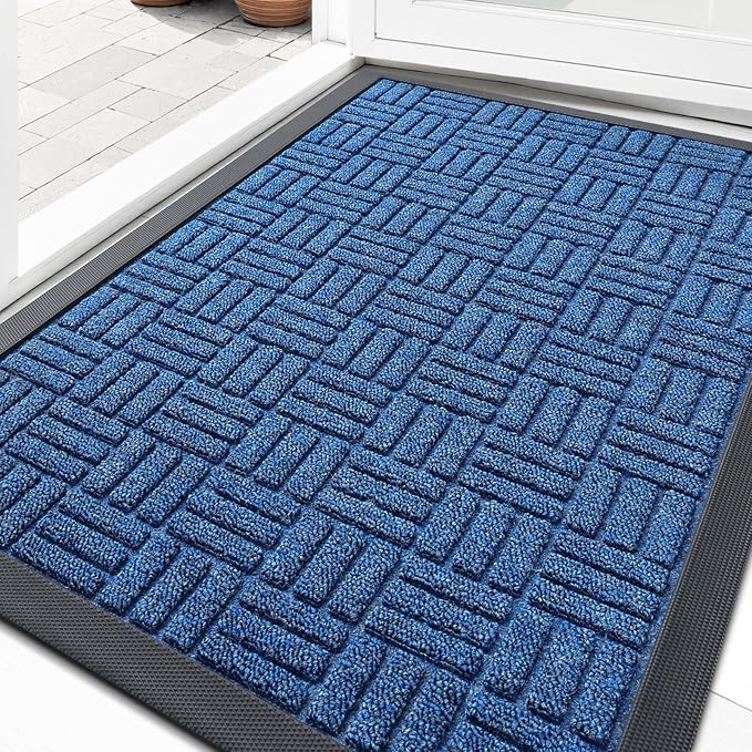 OLANLY Front Door Mat Outside Entrance 35x23, Absorbent, Heavy Duty Sturdy Natural Rubber Doormat Indoor Outdoor, Non-Slip, Stain and Fade Resistant, Low Profile Floor Mat for Entryway, Ocean Blue