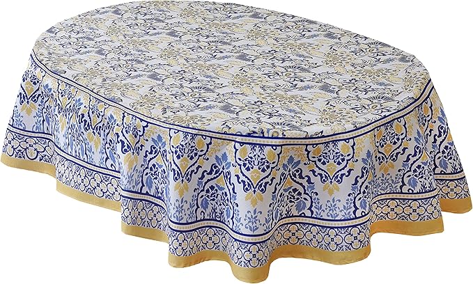 Home Bargains Plus Oval Fabric Tablecloth, 60 x 84 Inch, Allure Yellow and Blue Floral Bordered Print, Indoor Outdoor Stain and Water Resistant Table Cloth, Provence French Country