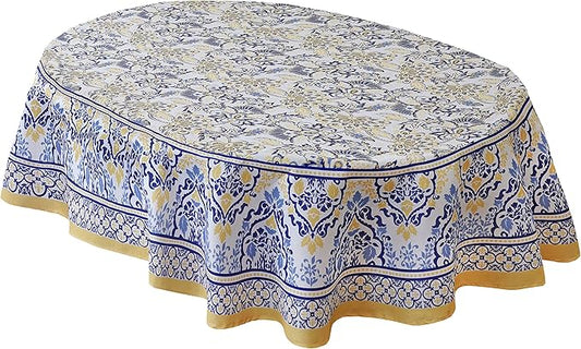 Home Bargains Plus Oval Fabric Tablecloth, 60 x 84 Inch, Allure Yellow and Blue Floral Bordered Print, Indoor Outdoor Stain and Water Resistant Table Cloth, Provence French Country