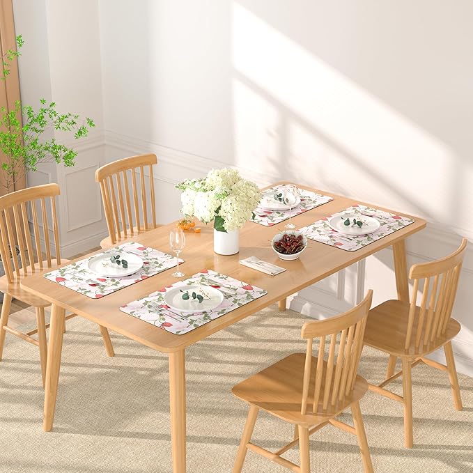 QIYI Placemats Set of 6, 12x18 Inch Faux Leather Place Mats for Kitchen Dinning, Heat Resistant Anti Slip Pink Table Mats, Waterproof Wipeable Washable Placemat Party Table Décor, Sweet Strawberry