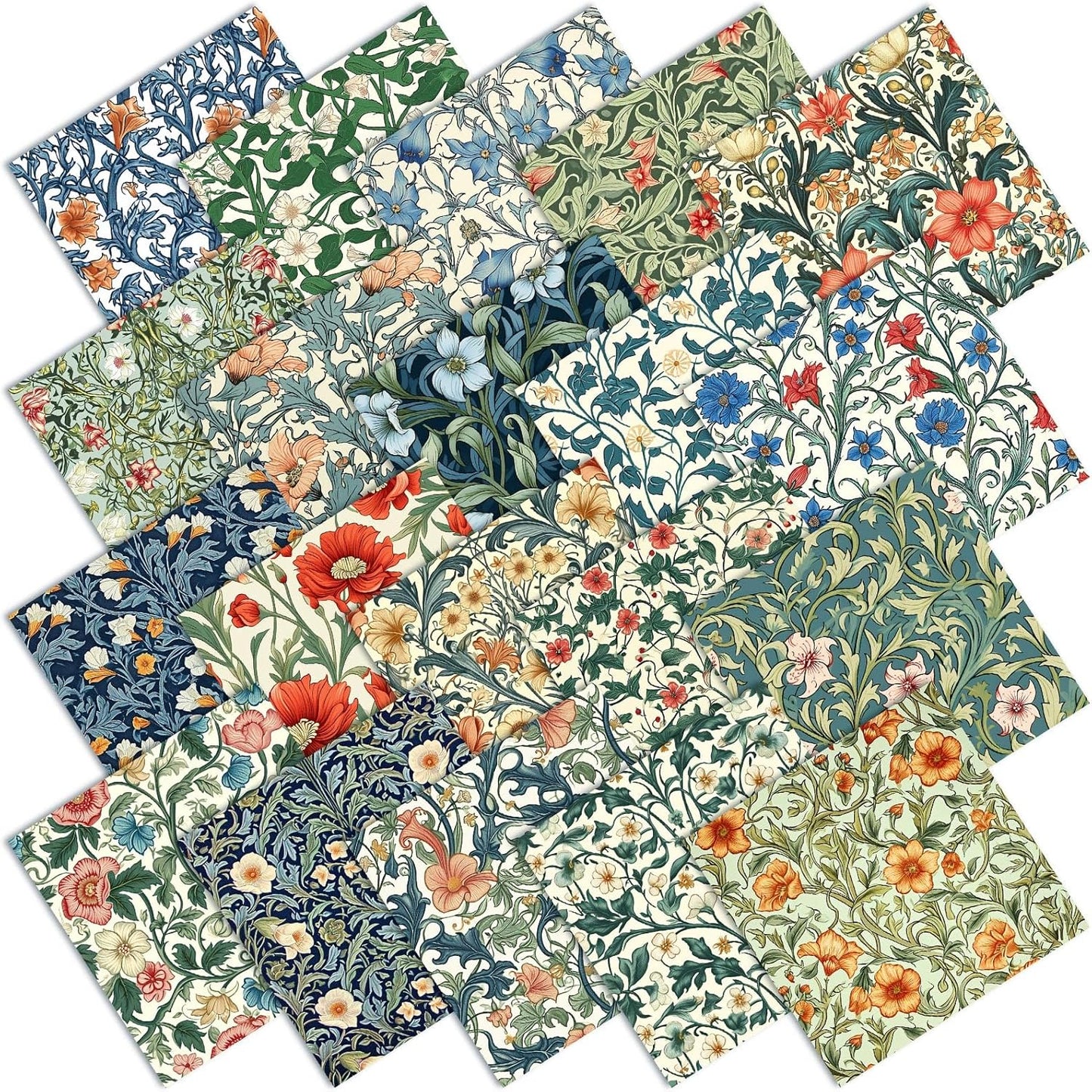 Ganeen 60 Pcs 10 x 10 Inch William Morris Floral Quilting Fabric Squares Vintage Floral Fat Patchwork Precut Strips Retro Multicolor Fabric Bundles for Holiday DIY Craft Sewing Quilt Material Handmade