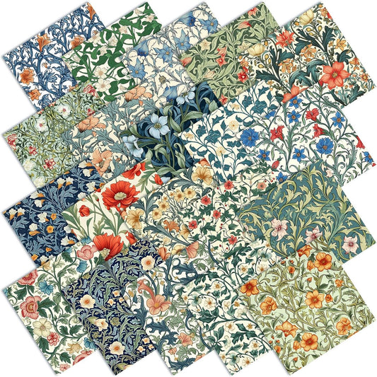 Ganeen 60 Pcs 10 x 10 Inch William Morris Floral Quilting Fabric Squares Vintage Floral Fat Patchwork Precut Strips Retro Multicolor Fabric Bundles for Holiday DIY Craft Sewing Quilt Material Handmade