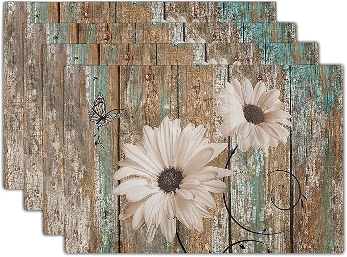 Giwawa Rustic Daisy Board Placemats- White Sunflowers on Vintage Wood Plank Linen Table Place Mat- Farmhouse Wooden Non-Slip Heat Resistant Table Mats for Dining Kitchen Cabin Lodge Decor