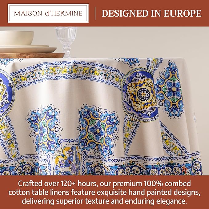 Maison d'Hermine Premium Table Cloth Round Table 100% Cotton 70 Inches Tablecloth Reusable Decorative Everyday Use for Dining Room, Farmhouse, Home, Party, Festive & Wedding - Sciacca