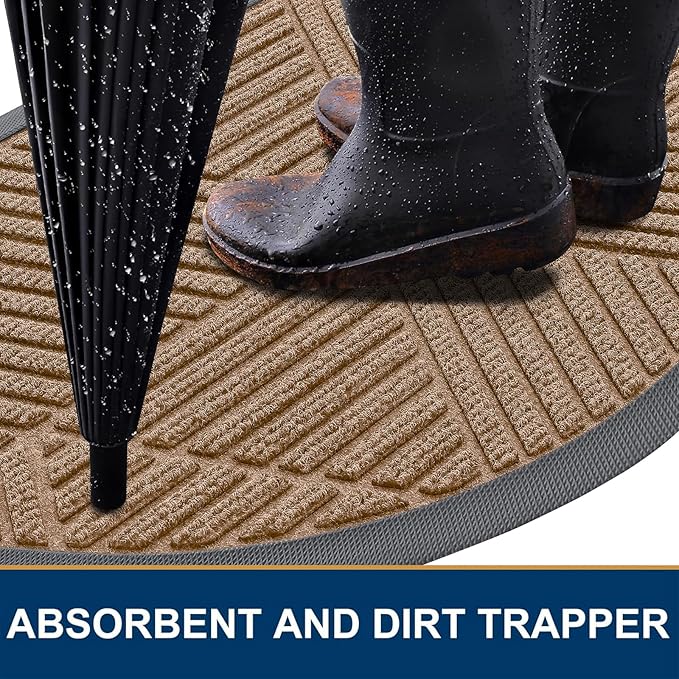 Smiry Half Circle Front Door Mat Outside Entrance, Heavy Duty Sturdy Natural Rubber Doormat, Trap Dirt and Moisture, Low Profile Mats for Indoor Outdoor Entry, Irregular Triangle (36x24, Coffee)