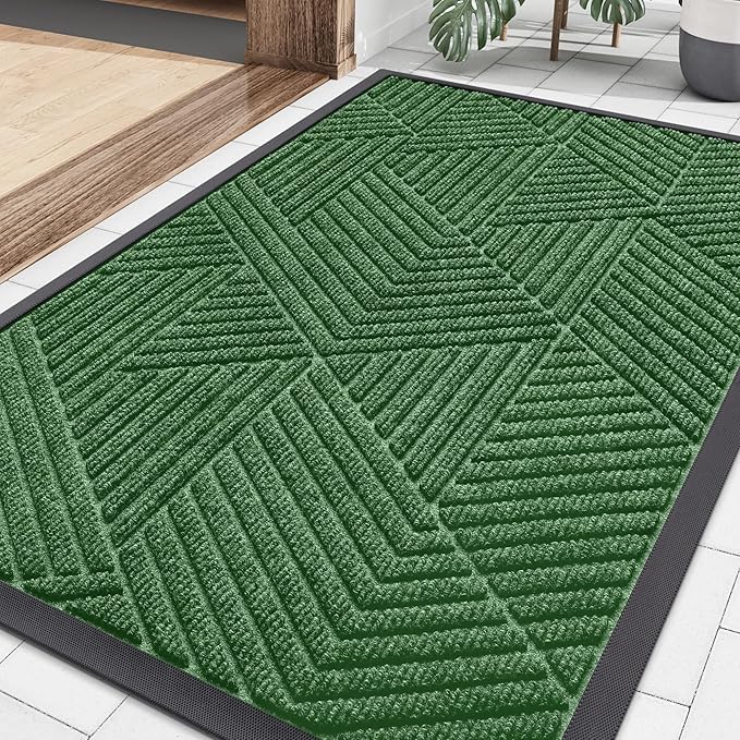 Smiry Front Door Mat Outside Entrance, Heavy Duty Sturdy Natural Rubber Doormat, Trap Dirt and Moisture, Easy Clean Low Profile Mats for Indoor Outdoor Entry, Irregular Triangle (36x24, Green)