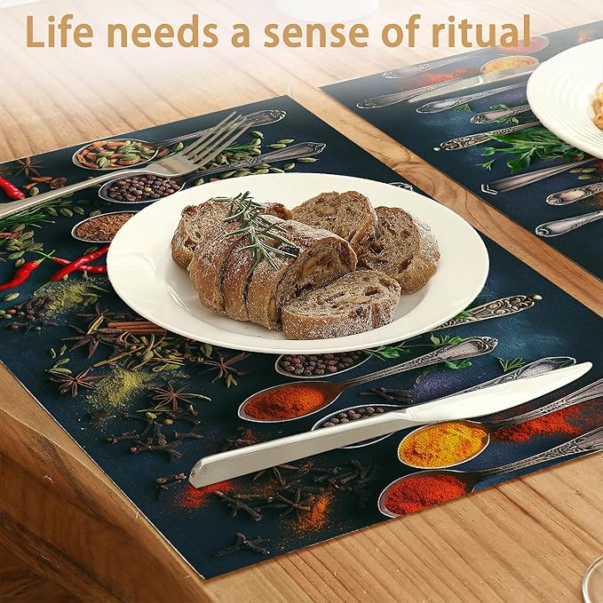Various Herbs Placemats Set of 6,Spices for Cooking Table Mates Non-Slip Heat Resistant Washable Linen Place Mats for Party Kitchen Dining Decoration Indoor Outdoor 12"x18"