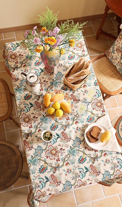 Linen Colorful Floral Small Rectangle Tablecloth,Vintage Indian Colorfast Block Print Table Cloth,Decor Table Cover for Kitchen,Dining,Party,Thanksgiving,Christmas,55"*71"-Mangala