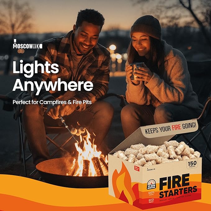 Moscow-Mix Fire Starter (150 PCS) Bulk Natural Fire Starters for Campfires, Fireplace, Charcoal Starter for Grill, BBQ, Wood Stove, Fire Pits - Odorless, Non-Toxic, Waterproof Natural Wood Starters