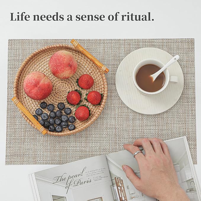 Leetaltree Linen Yellow Placemats Set of 8 - Heat Resistant Non-Slip Place mats for Dining Table, Washable Durable PVC Vinyl Woven Table Mats（Linen Yellow, 8）