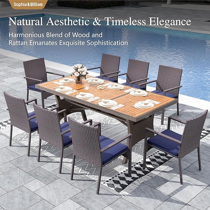 Sophia & William 9 Piece Patio Dining Set, Patio Table and Chairs Set Outdoor Dining Set for 8, Acacia Wood Patio Dining Table Set with PE Rattan Wicker Chairs for Garden, Porch, Backyard
