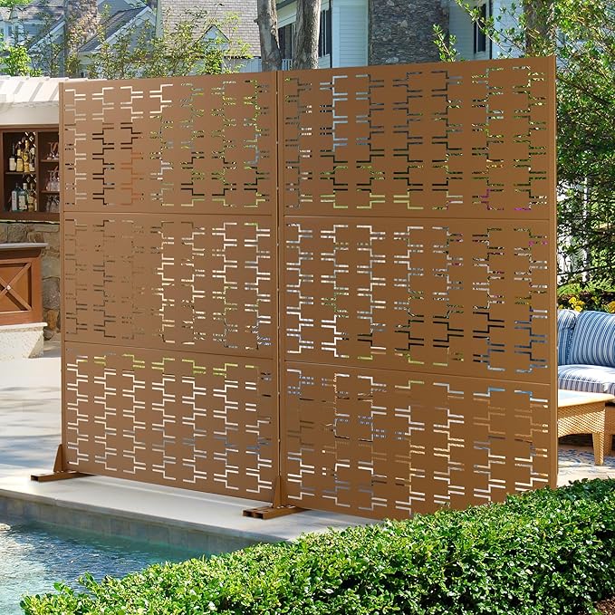 Metal Privacy Screen Outdoor 72" H×47" W,Freestanding Decorative Privacy Screen for Balcony Yard&Garden,Privacy Fence-Brown&Brick