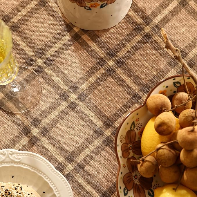 Vintage Brown Checkered Rectangle Tablecloth,Italian Floral Linen Wrinkle Resistant Table Cloth,Decor Table Cover for Kitchen,Dining,Thanksgiving,Christmas,Tea Party,55"*79"-Seville