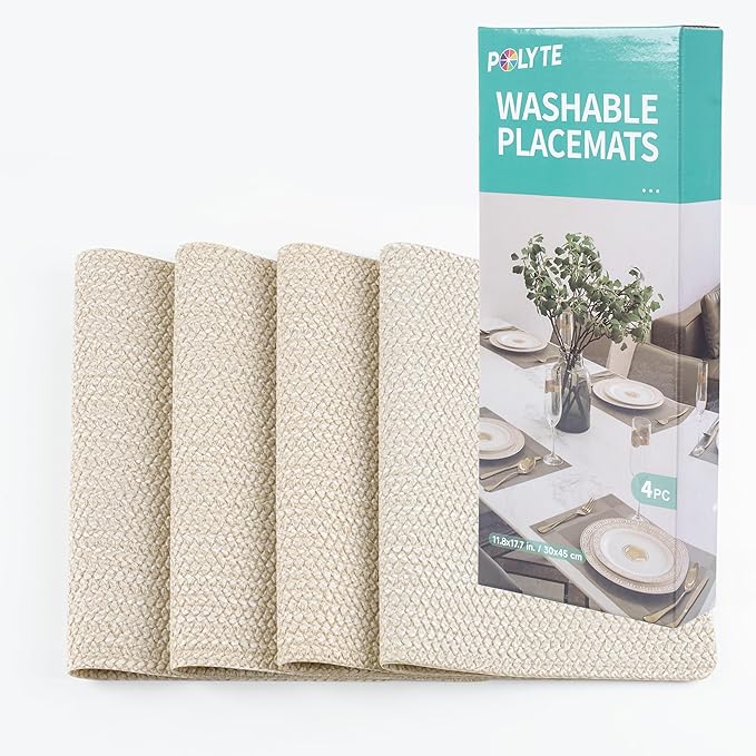 POLYTE Indoor/Outdoor Washable Woven Vinyl Table Dining Placemats, Set of 4
