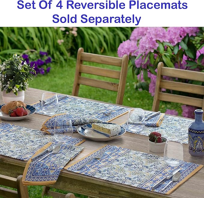 Home Bargains Plus Rectangle Fabric Napkins, Set of 8 Napkins, Allure Yellow and Blue Floral Bordered Print, Indoor Outdoor Stain and Water Resistant Napkins, Provence French Country