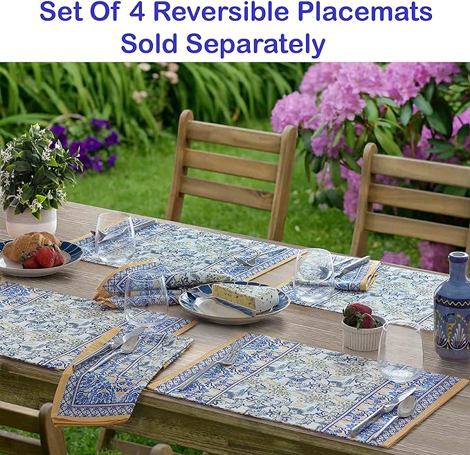 Home Bargains Plus Rectangle Fabric Table Runner, 70 Inch Long, Allure Yellow and Blue Floral Bordered Print, Indoor Outdoor Stain and Water Resistant Table Runner, Provence French Country