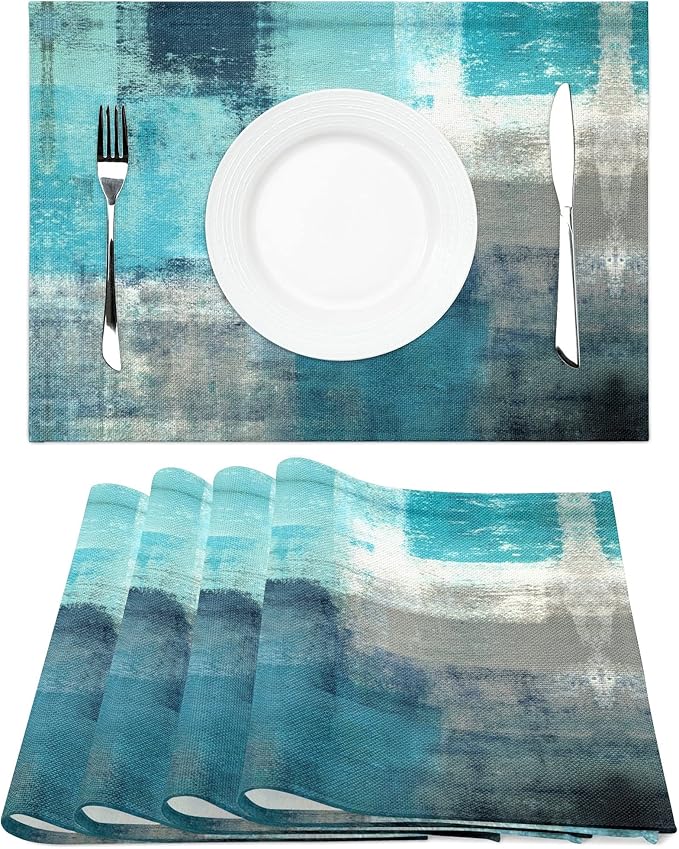 Modern Art Placemats Set of 4 Turquoise Abstract Painting Place Mats Washable Linen Teal Placemat for Kitchen Dining Table Party Home Decor 18x12 Inches