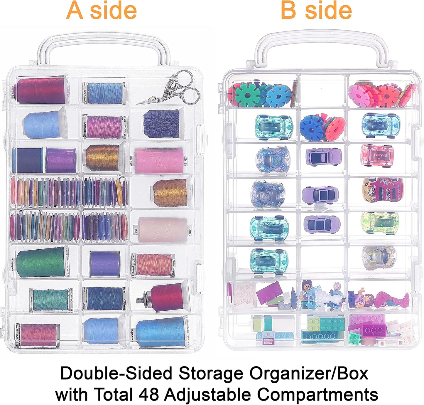 New brothread Double-Sided Storage Organizer/Box with Total 48 Adjustable Compartments, Removable Dividers for Embroidery and Sewing Threads, Embroidery Floss, Needles, Beads, Small Crafts & Toys
