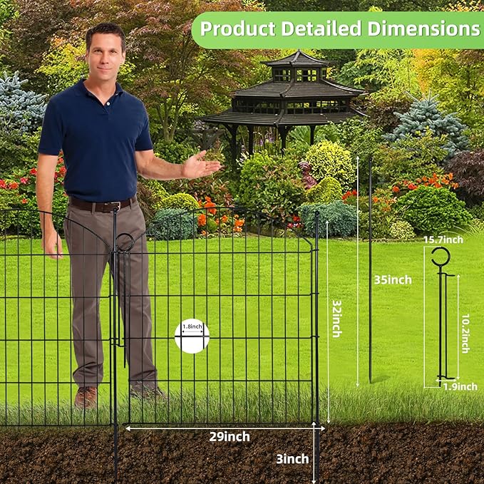 Decorative Garden Fence 32in (H) x24ft (L), 10 Pack No Dig Fence Animal Barrier for Dog with Lock, Arched Flower Bed Edging, Wire Border Panel Fencing for Yard Patio Outdoor Decor