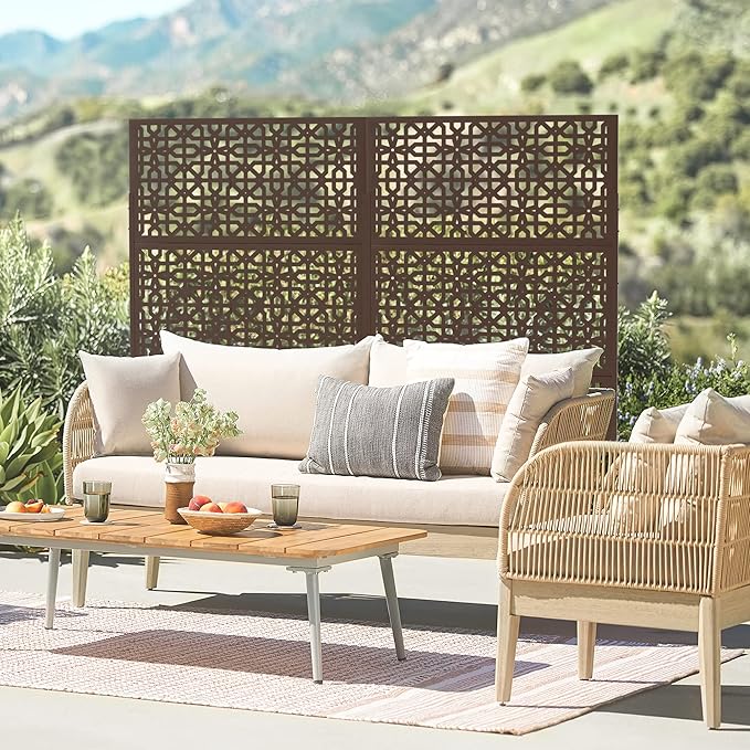 Elevens Outdoor Decor Privacy Fence Screen Metal Fence Panels,Decorative Privacy Screen with Stand,Outdoor Divider for Garden Patio Backyard,76" H×35" W(Brown-Perilla)