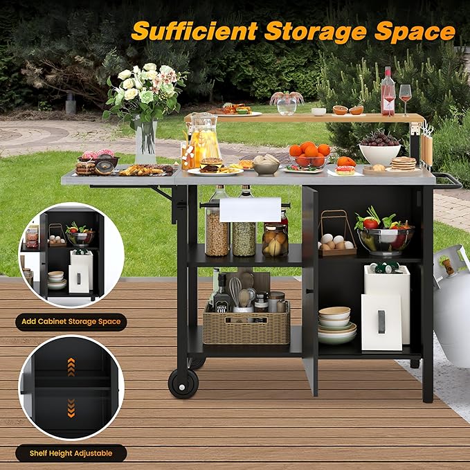 Multi-Layer Outdoor Grill Table Bar Grill Cart with Storage Cabinet, Outdoor Kitchen Island Prep Station with Foldable Side Shelf, Pizza Oven Table for Lawn & Garden