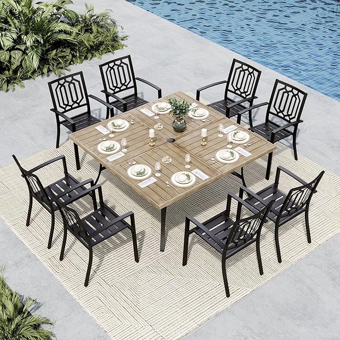 MFSTUDIO Patio Dining Set for 8, Patio Table and Chairs Set with Umbrella Hole, 9 Piece Metal Outdoor Dining Set, Outdoor Patio Furniture Set for Deck Backyard Poolside Garden