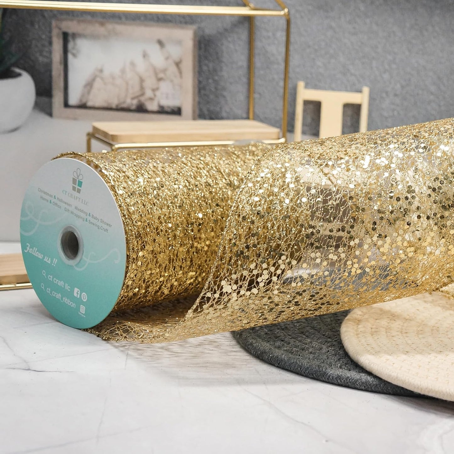 CT CRAFT LLC Sparkling Glitter Mesh Wired Ribbon 6" x 10 Yards Gold for Christmas Home Decor Bow Gift Wrapping DIY Crafts Wreath