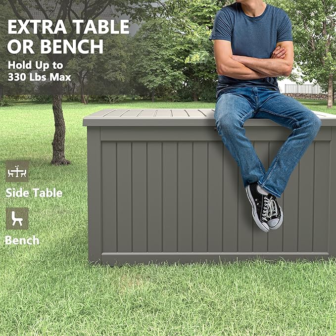 230 Gallon Large Resin deck box Waterproof,Outdoor Storage Bench,Patio Storage Box,Garden Tool Storage,UV-Resistant & All-Weather,Wood-like Striped Gray