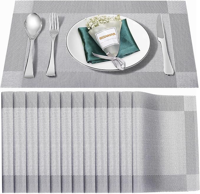 Placemats Set of 12,Washable,Heat and Stain Resistant Indoor/Outdoor Place mats,Vinyl Woven Non Slip Table Mats for Restaurant Table Protection,PVC Placemats(Silver,12PCS)