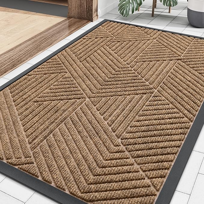 Smiry Front Door Mat Outside Entrance, Heavy Duty Sturdy Natural Rubber Doormat, Trap Dirt and Moisture, Easy Clean Low Profile Mats for Indoor Outdoor Entry, Irregular Triangle (36x24, Light Brown)