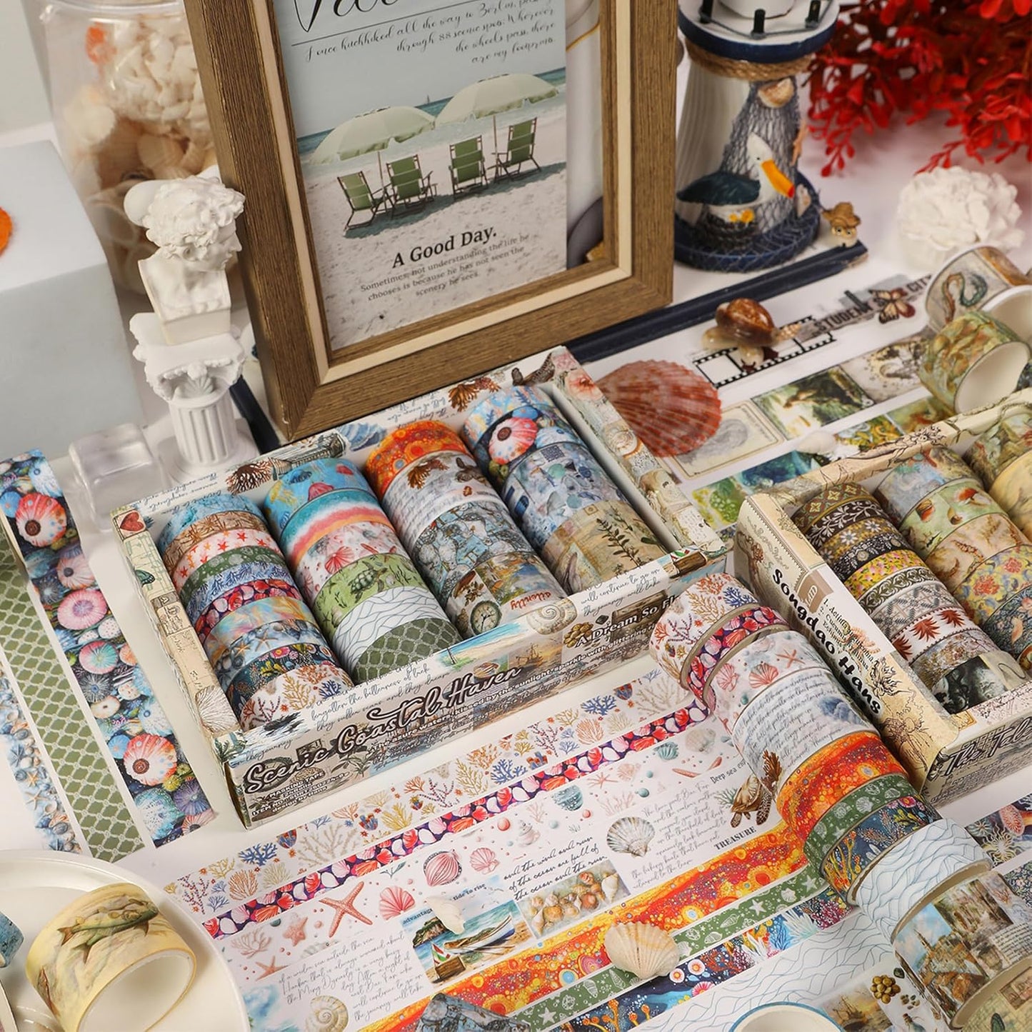 Vintage Washi Tape Set - 24 Rolls Arts Adhesive Tapes Assorted Retro Decorative Masking Tape Sets for Craft, Kids, Scrapbook, DIY, Gift Wrapping (8-Sea Treasures)