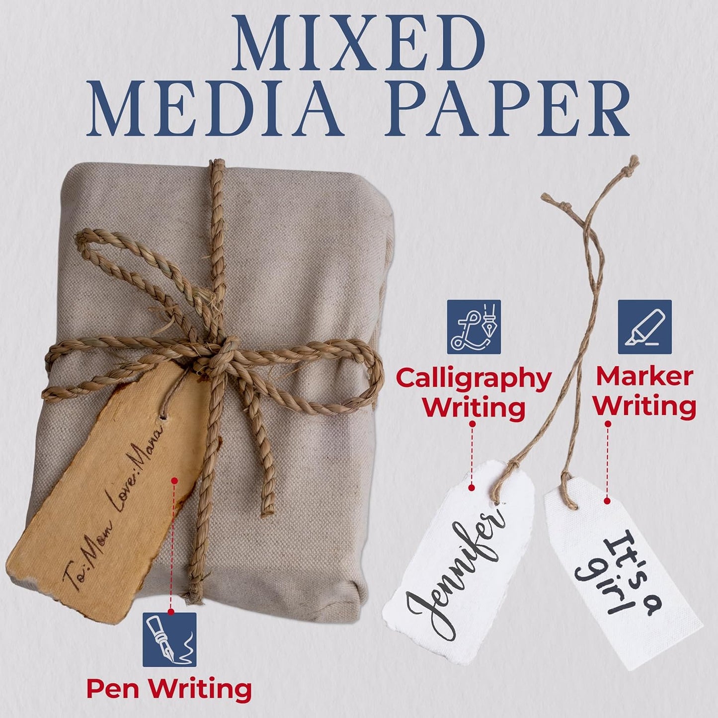 Wanderings Handmade White Deckled Edge Tags with String - 3.75 x 1.75” Only - Pack of 25 - Ideal for Price or Gift Tags, Arts, Crafts, Place Cards, Name Cards - Cold Press Thick 150 GSM