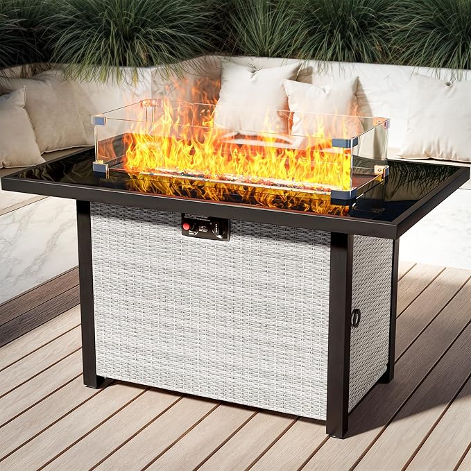 Propane Outdoor Fire Pit Table, 43" Rattan Rectangle Fire Pit Table, Outdoor Gas FirePit W/Glass Wind Guard, Tempered Glass Tabletop, Lid, CSA Listed, 60,000 BTU for Outside Patio Deck & Garden